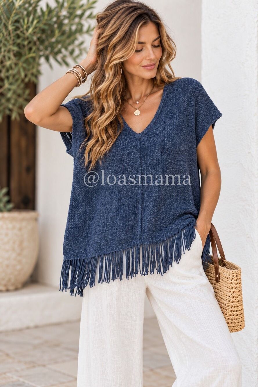 J.Jill Indigo Blue Fringe Sweater Petite MP Cotton V Neck Boho Tunic NWT